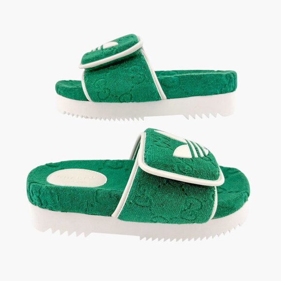 Gucci x Adidas GG Platform Slide Sandals EU 37 US 7 Green Monogram Terry Mule - Picture 8 of 12